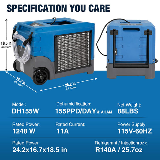 DRYPRO 268Pints LGR Commercial Compact Dehumidifier with Pump and Drain Hose, LGR Portable Dehumidifier with wheels for Home, Basements, Garages, and Job Sites (Blue)
