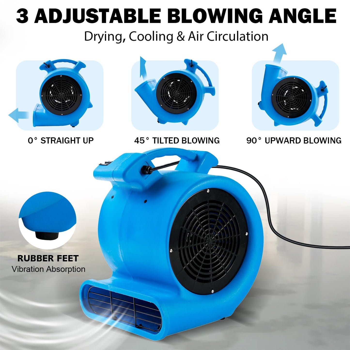DRYPRO 1/2hp Air Mover Floor Drying Blower Fan - Powerful 1/2HP Motor Carpet Dryer, 2200 CFM Air Flow, Lightweight Design, 2-Speed Settings for Drying, Cooling & Circulation