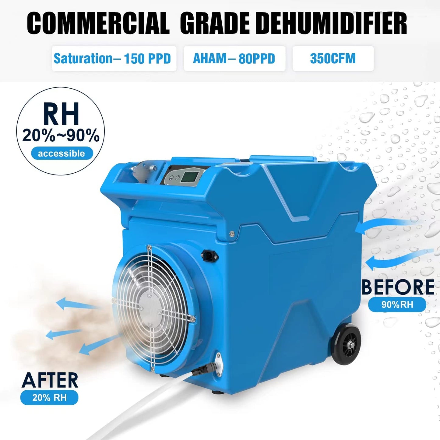 DRYPRO 150pints Commercial LGR Dehumidifier w/Handle and Wheels - Panasonic Compressor, ETL Certified, Compact & Stackable, Built-in Pump, LED Display