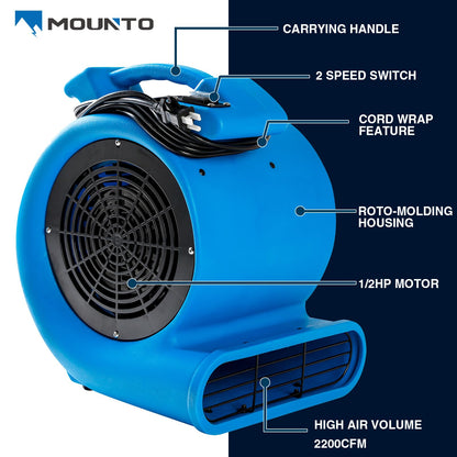 DRYPRO 1/2hp Air Mover Floor Drying Blower Fan - Powerful 1/2HP Motor Carpet Dryer, 2200 CFM Air Flow, Lightweight Design, 2-Speed Settings for Drying, Cooling & Circulation