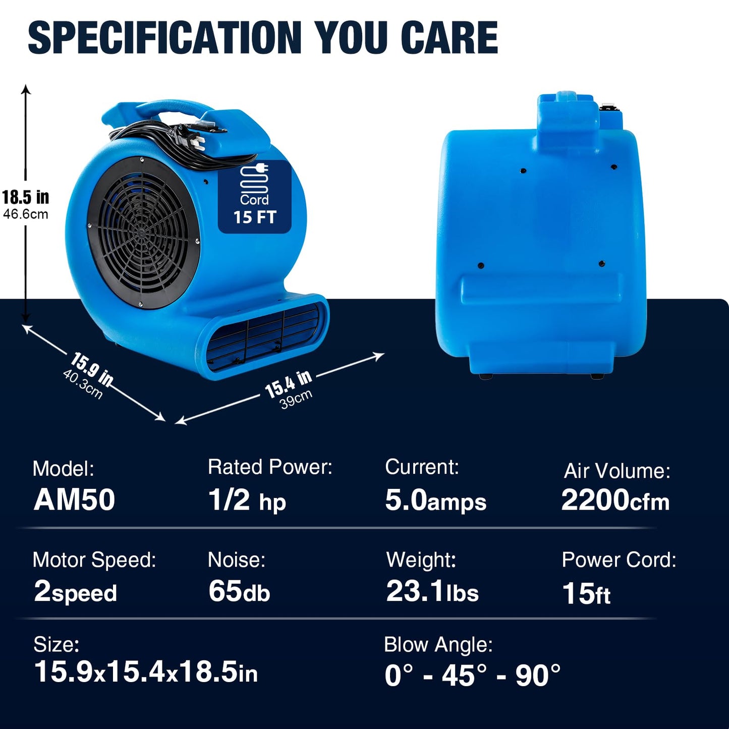 DRYPRO 1/2hp Air Mover Floor Drying Blower Fan - Powerful 1/2HP Motor Carpet Dryer, 2200 CFM Air Flow, Lightweight Design, 2-Speed Settings for Drying, Cooling & Circulation