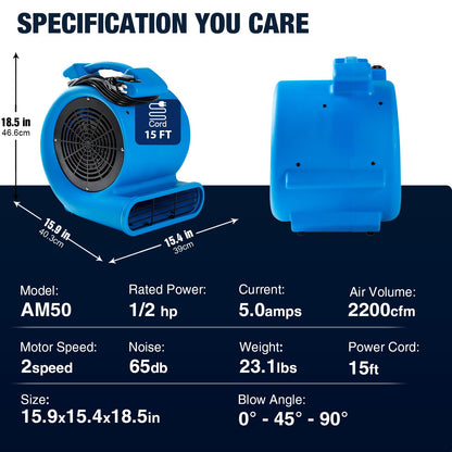 DRYPRO 1/2hp Air Mover Floor Drying Blower Fan - Powerful 1/2HP Motor Carpet Dryer, 2200 CFM Air Flow, Lightweight Design, 2-Speed Settings for Drying, Cooling & Circulation