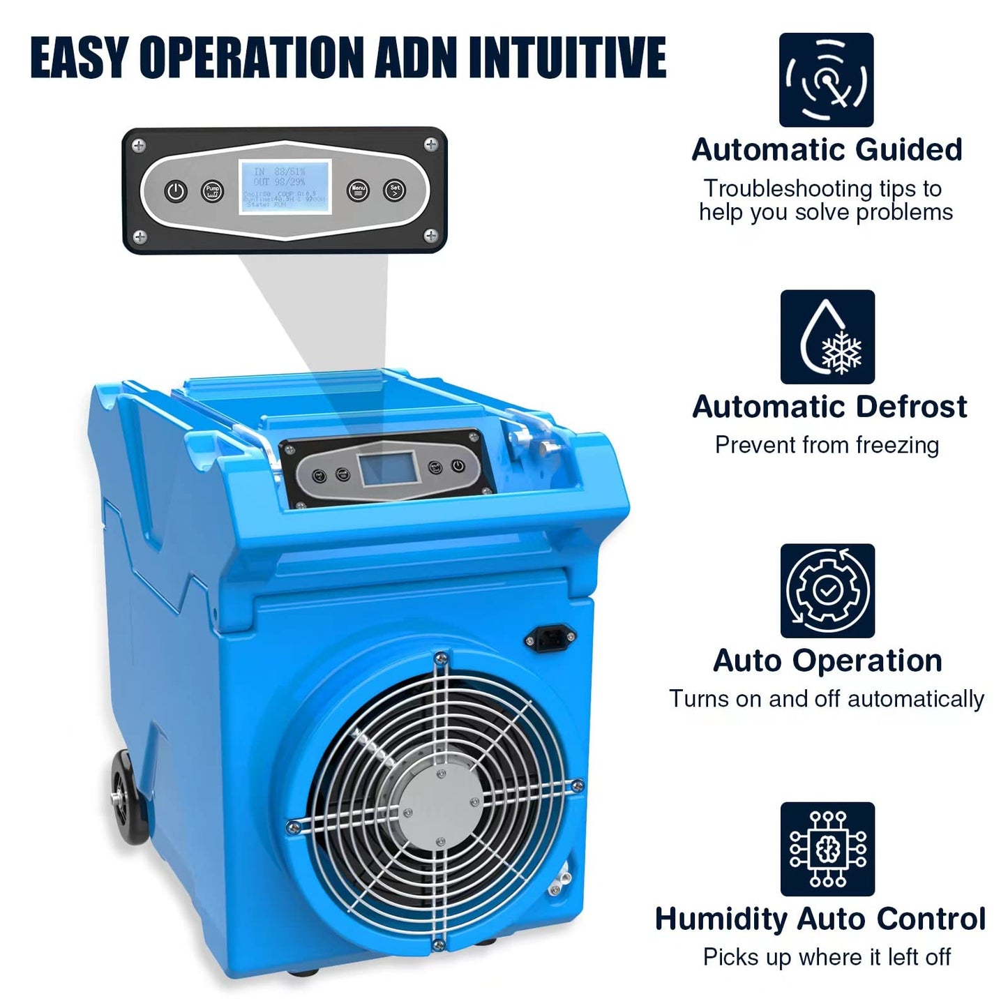 DRYPRO 150pints Commercial LGR Dehumidifier w/Handle and Wheels - Panasonic Compressor, ETL Certified, Compact & Stackable, Built-in Pump, LED Display