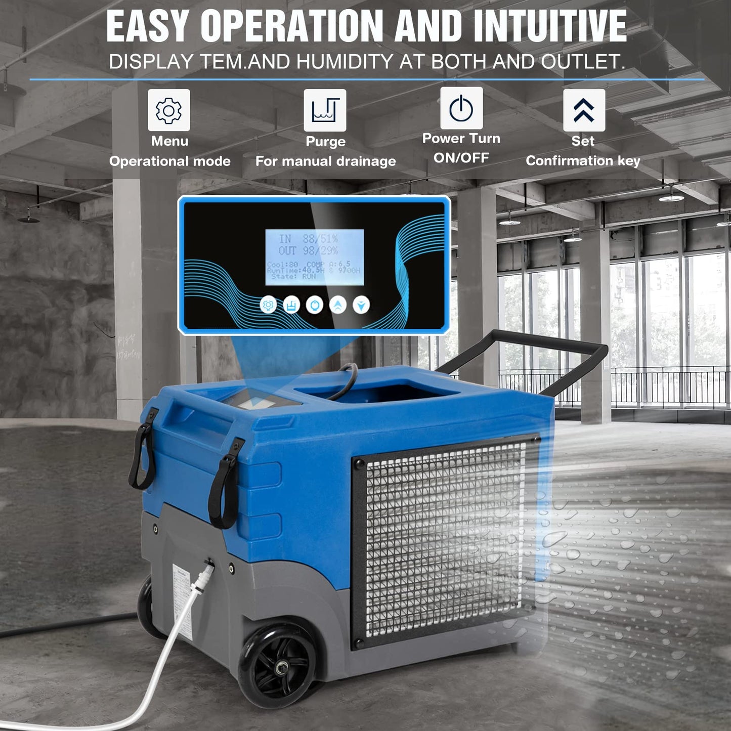 DRYPRO  268Pints LGR Commercial Compact Dehumidifier with Pump and Drain Hose, LGR Portable Dehumidifier with wheels for Home, Basements, Garages, and Job Sites (Blue)