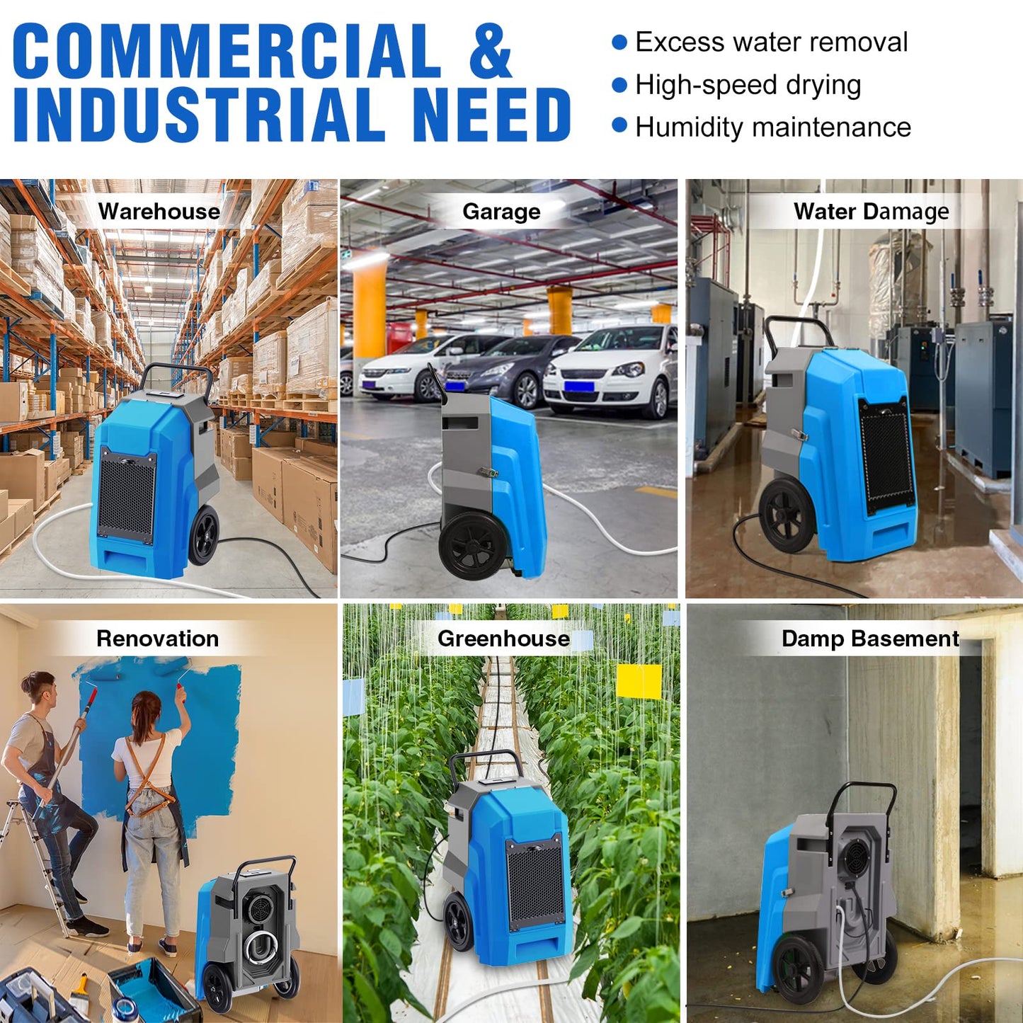 DRYPRO 180Pints LGR Industrial Dehumidifier with Pump and Drain Hose, Portable Commercial Dehumidifier with Wheels for Home, Basements, Garages, and Job Sites