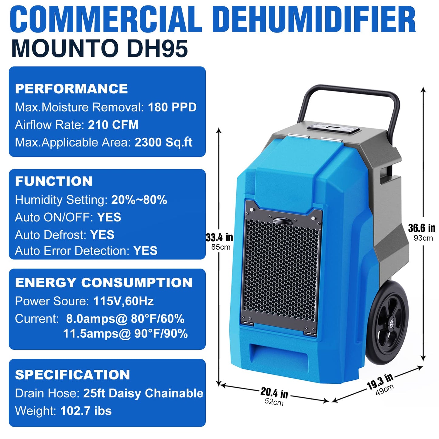DRYPRO 180Pints LGR Industrial Dehumidifier with Pump and Drain Hose, Portable Commercial Dehumidifier with Wheels for Home, Basements, Garages, and Job Sites