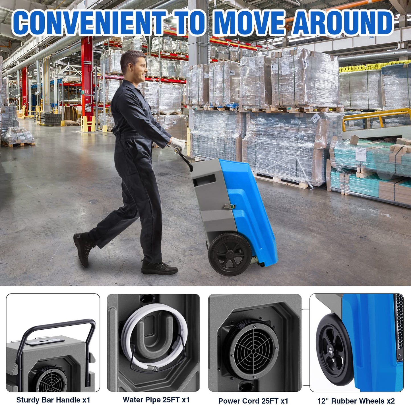 DRYPRO 180Pints LGR Industrial Dehumidifier with Pump and Drain Hose, Portable Commercial Dehumidifier with Wheels for Home, Basements, Garages, and Job Sites